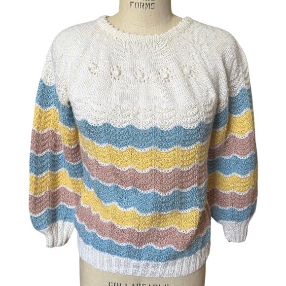 Vintage 80s Cottagecore Pastel Striped Sweater Size Large - Picture 1 of 4